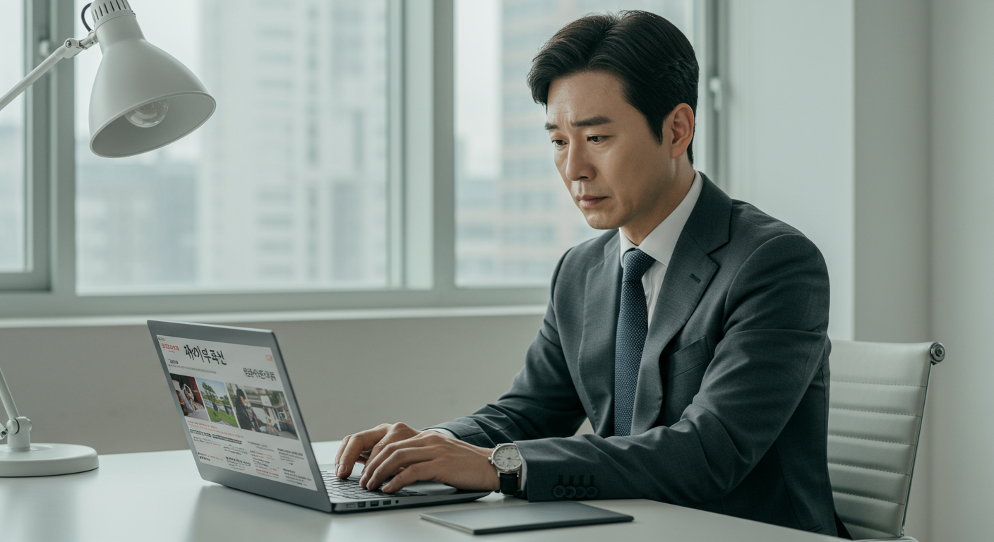 사무실에서 노트북으로 코피노 관련 뉴스를 읽고 있는 고민스러운 표정의 중년 남성