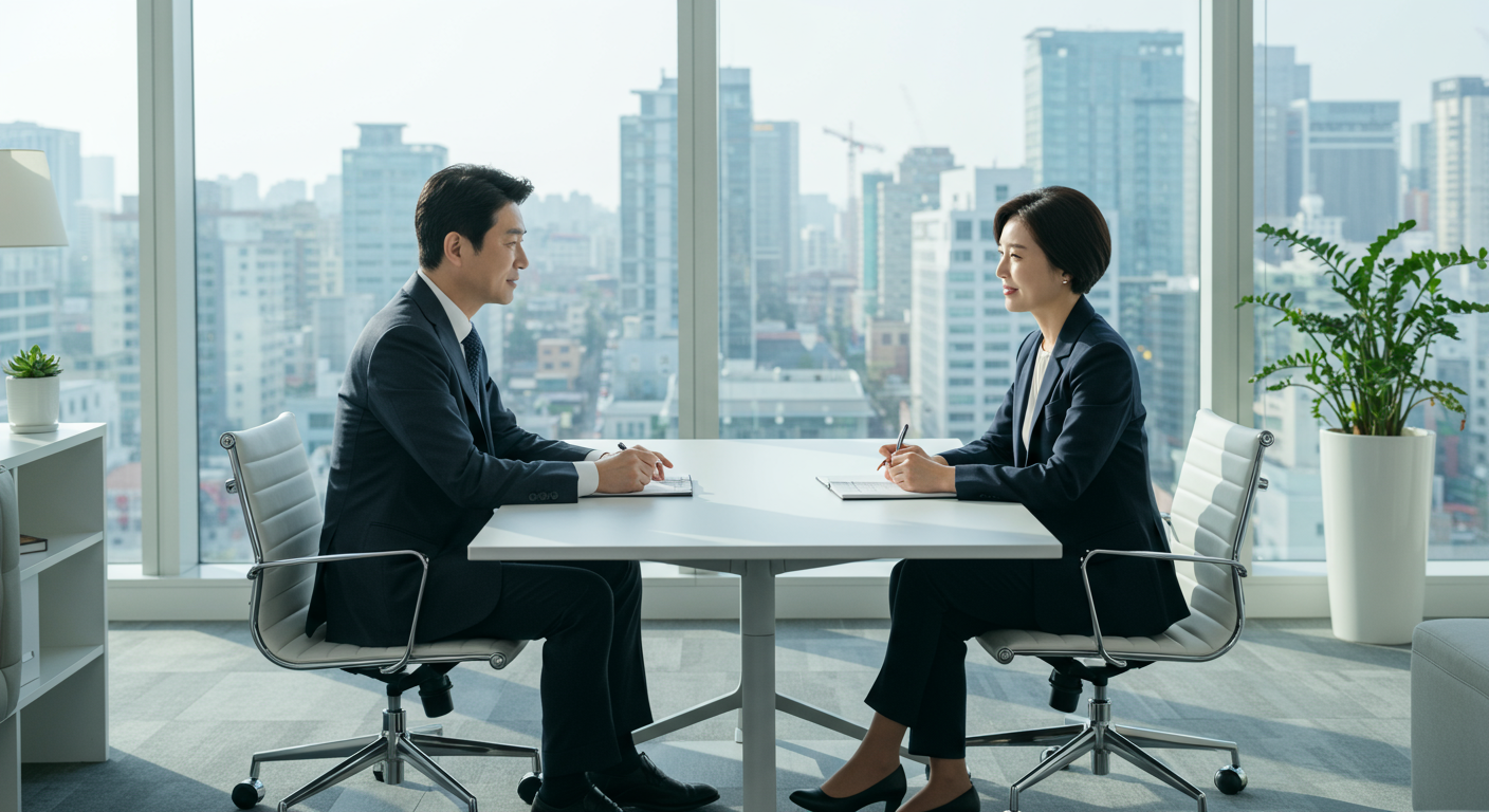 현대 사무실에서 오랜 파트너십을 논의하는 두 명의 전문가