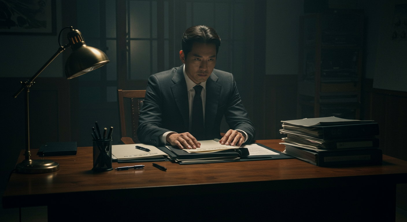어두운 책상 위에 기밀 파일과 서류를 가진 비밀스러운 인물