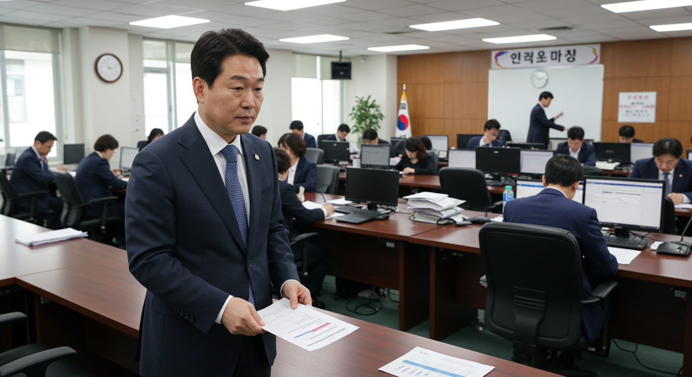 정부 사무실에서 직원 및 예산을 관리하며 리더십을 발휘하는 고위 공직자
