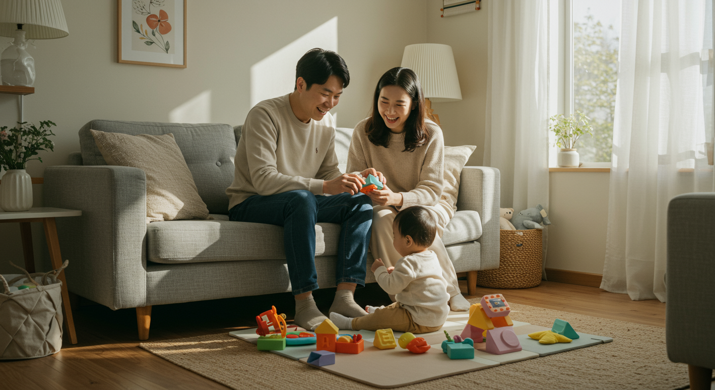 아기의 정신적 도약을 관찰하는 부모와 새로운 장난감을 탐색하는 아기