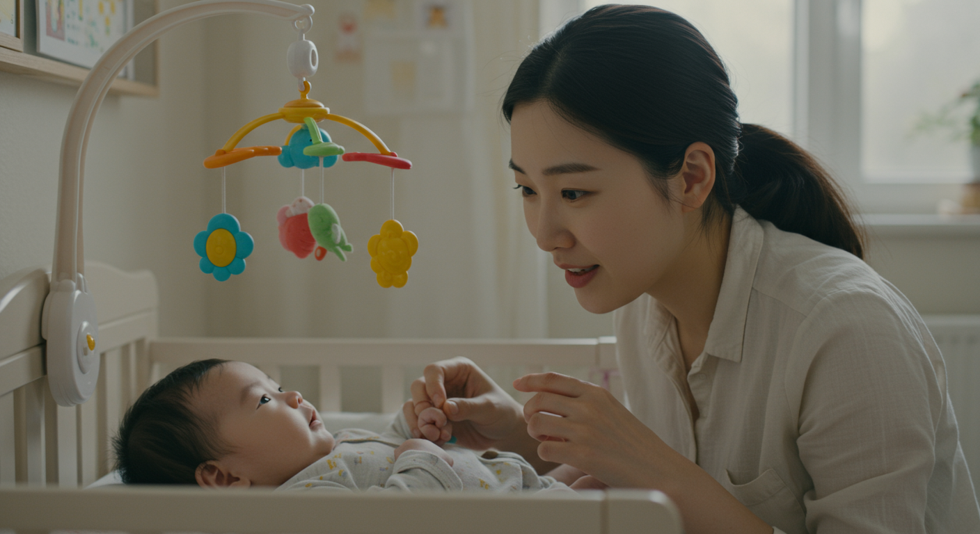 침대 위 모빌을 보고 반응하는 아기를 주의 깊게 지켜보는 엄마