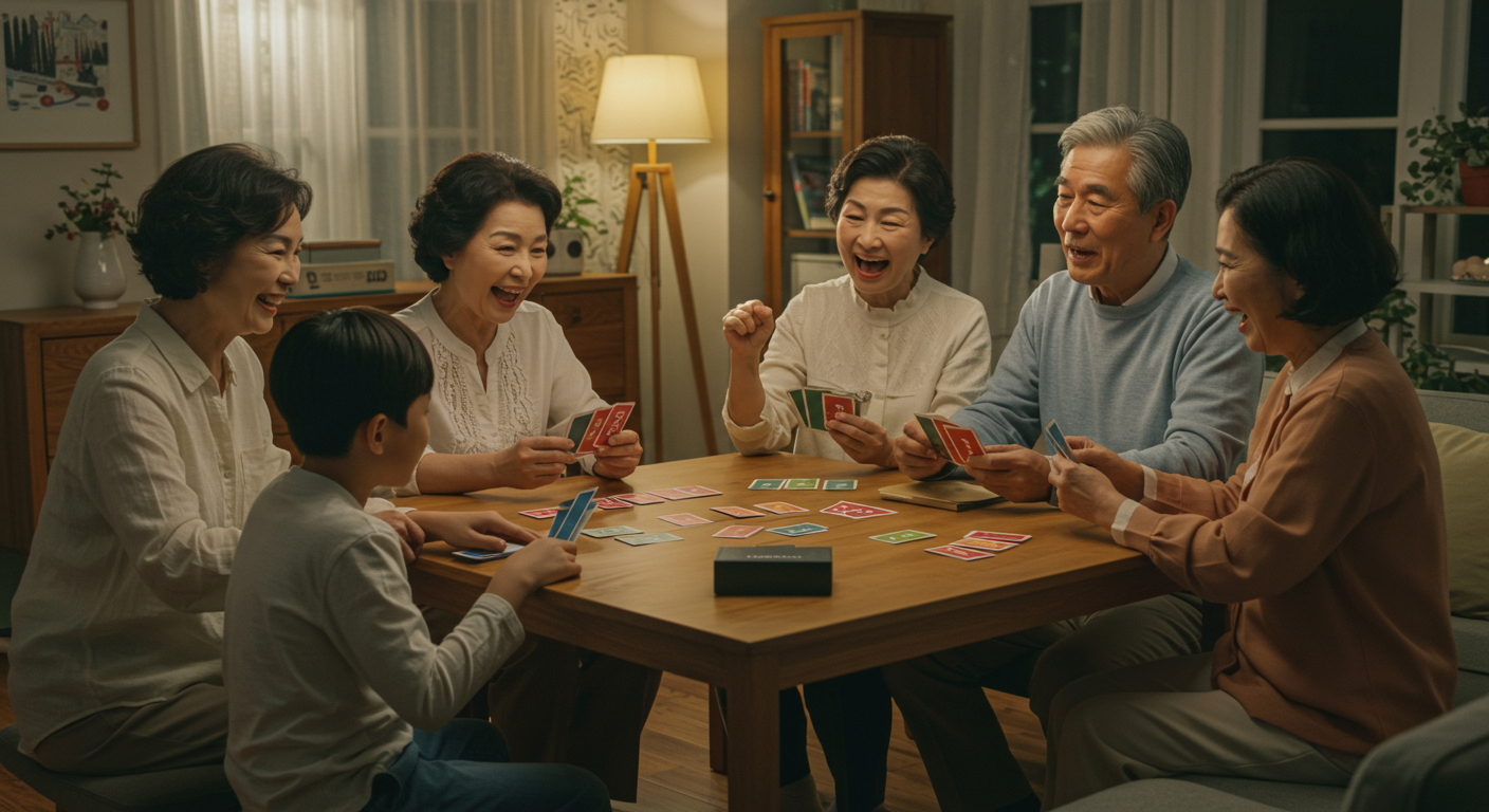 할아버지부터 손주까지 세대가 함께 즐기는 가정 내 성경퀴즈 게임 장면