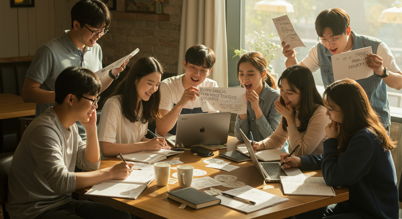 카페에서 노트북과 노트를 펴놓고 재미있는 단어 유희를 고민하는 젊은이들 모습
