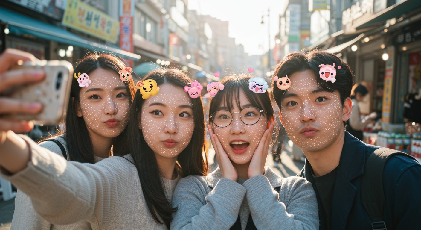 친구들이 AR 스티커를 이용해 셀카를 촬영하는 장면