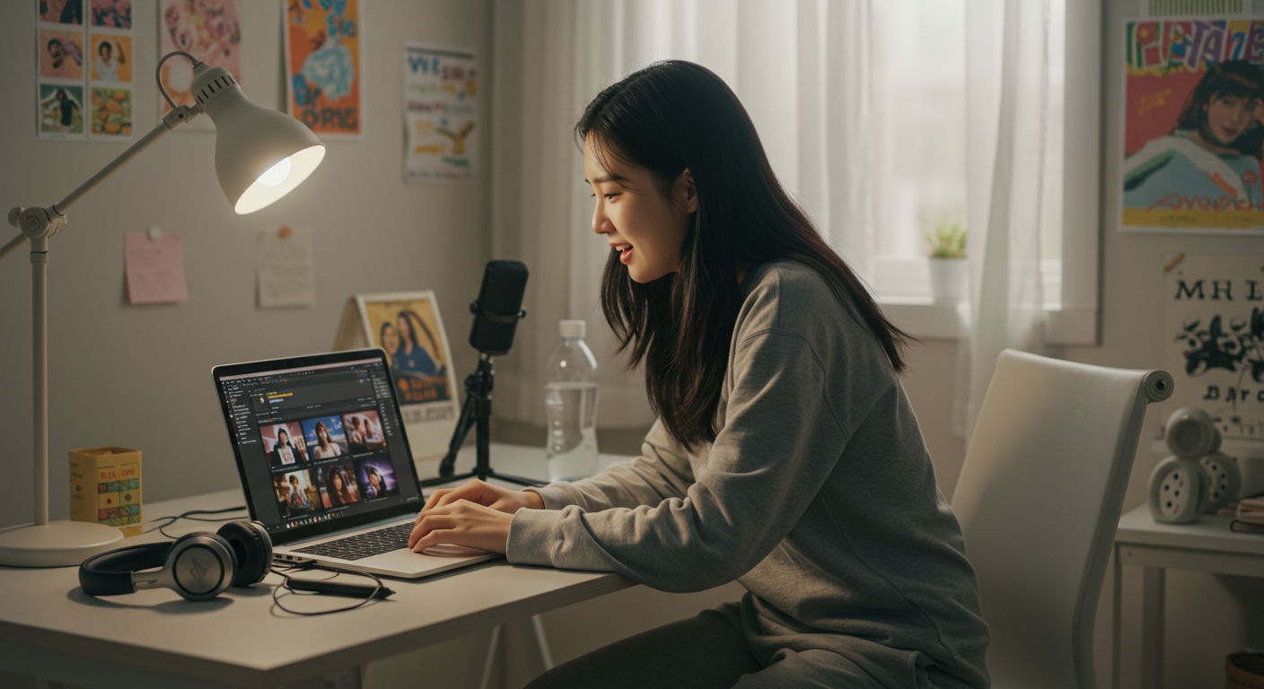 홈 스튜디오에서 필터를 적용하며 영상을 편집하는 크리에이터