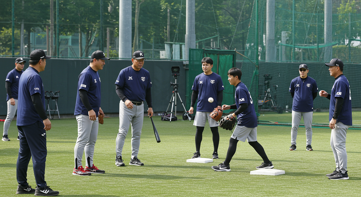 전설적인 선수들이 스포츠 시설에서 젊은 선수들과 훈련하는 모습