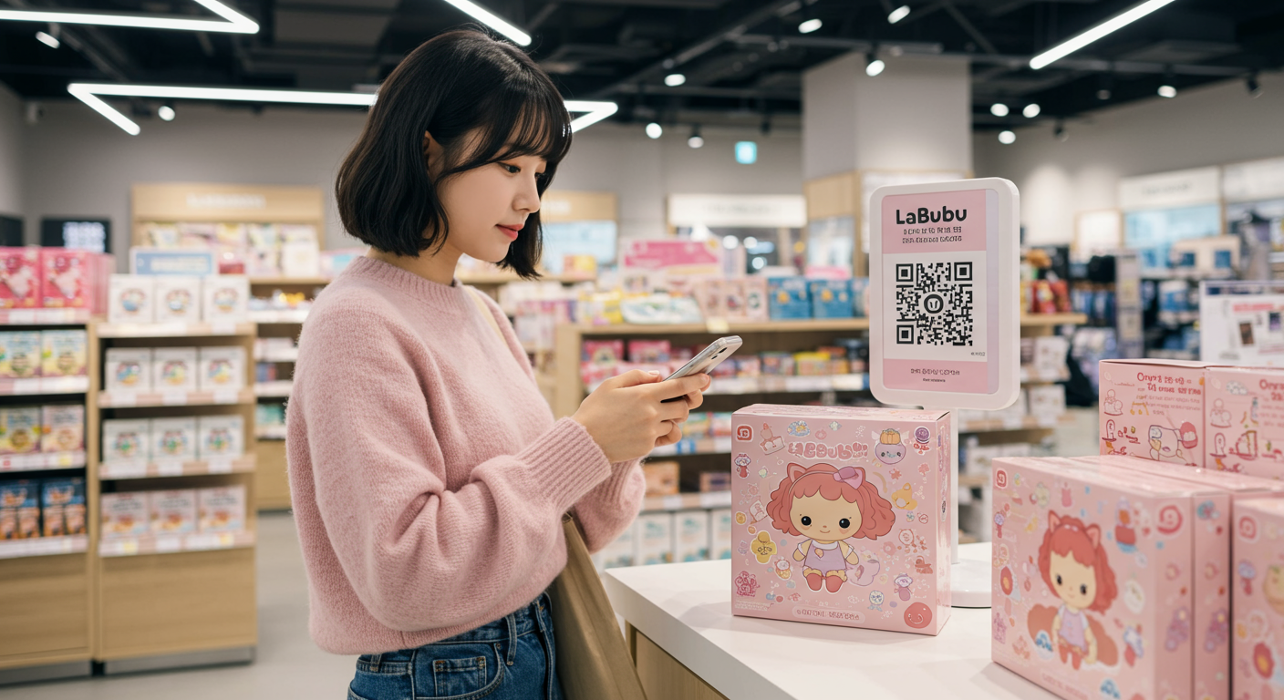 매장에서 스마트폰으로 라부부 박스의 QR 코드를 스캔하는 모습