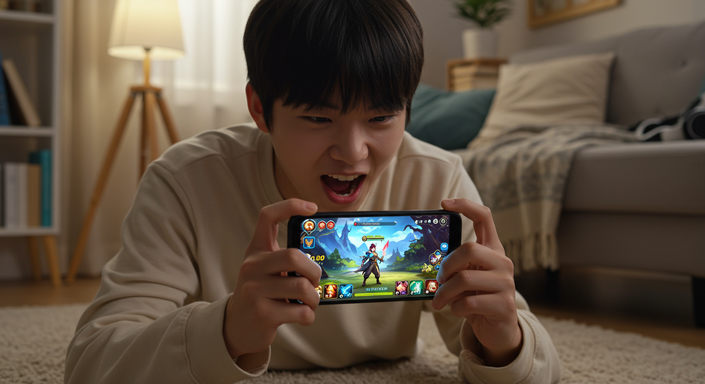 방에서 모바일 RPG 게임을 집중하는 게이머