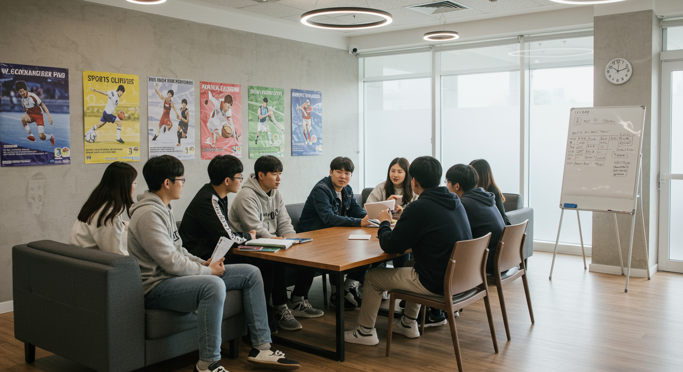 젊은 성인들이 스포츠 클럽 활동을 논의하는 현대적인 커뮤니티 센터 내부 모습