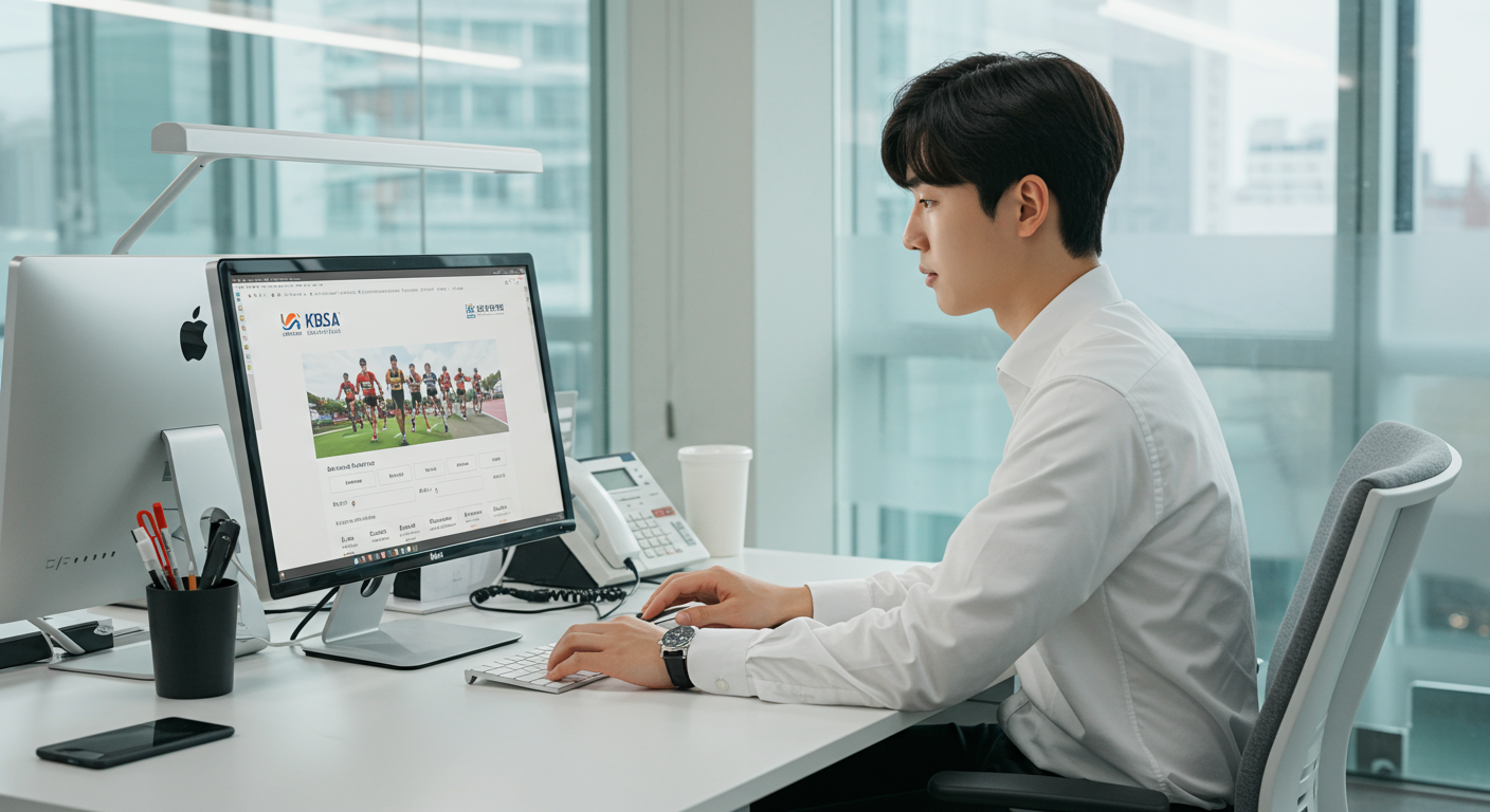 사무실에서 컴퓨터로 KBSA 공식 웹사이트에 접속해 등록 절차를 진행하는 장면