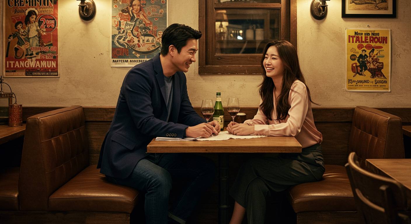 광화문에서 데이트 중인 커플이 아늑한 이탈리안 레스토랑에 있는 모습