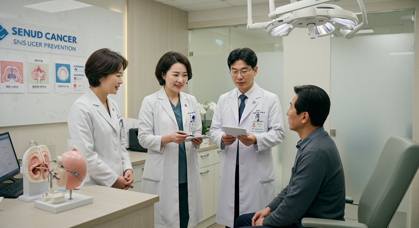 현대적인 한국 병원에서 의사가 환자에게 부비동암 예방과 조기 발견의 중요성을 설명하는 장면