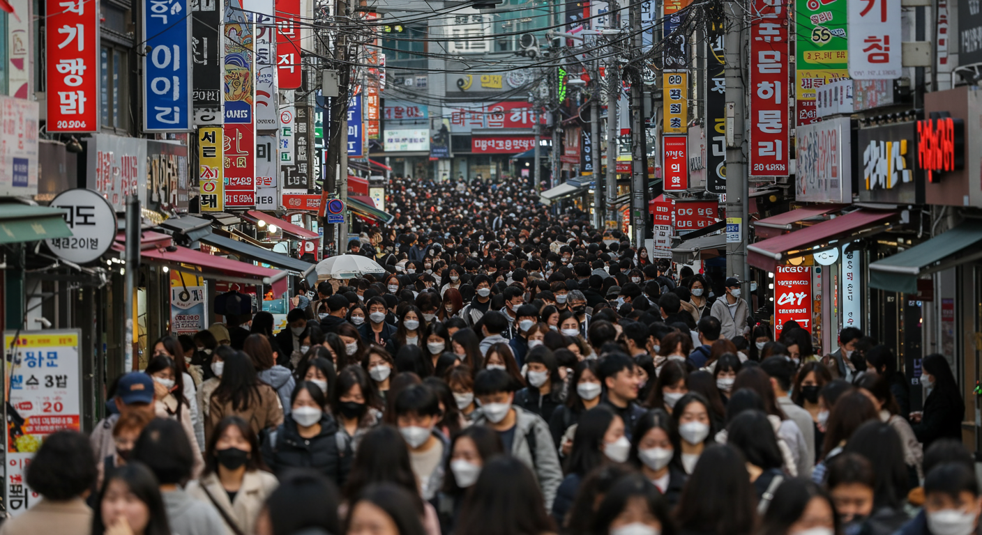 서울 거리에서 마스크를 착용한 사람들이 걱정스러운 표정을 짓고 있는 모습