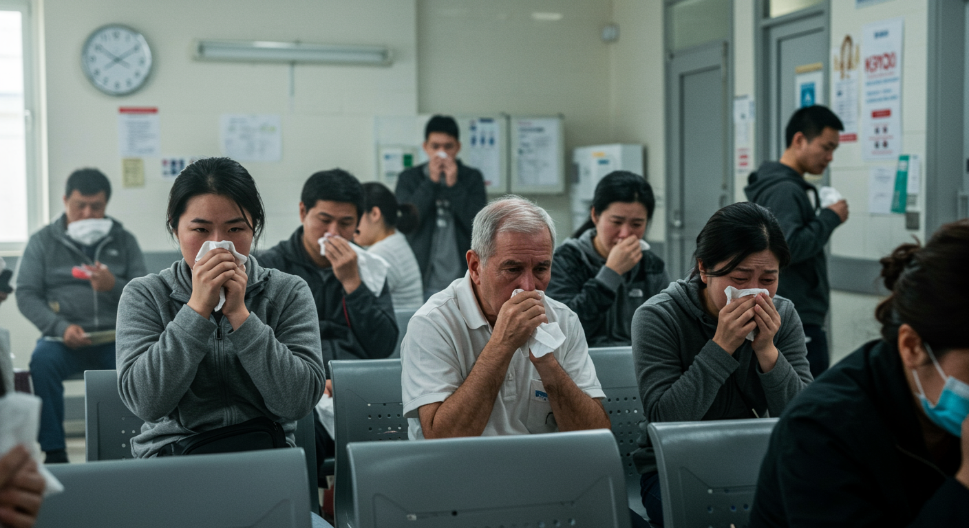 병원 대기실에 기침과 열로 고생하는 환자들이 가득한 모습