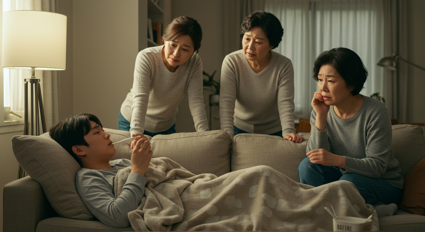 한 가족 중 한 사람이 이불을 덮고 체온계를 물고 쉬고 있는 모습