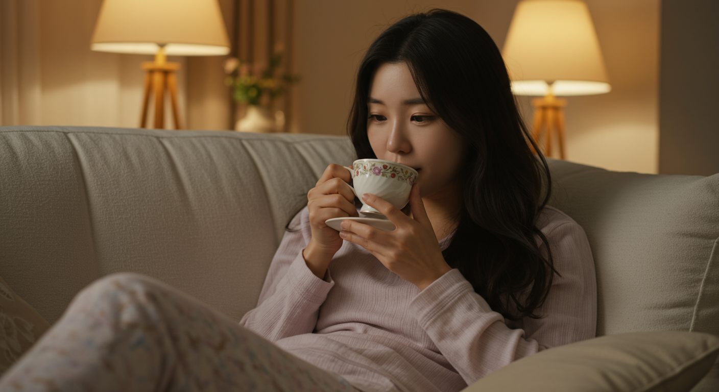 따뜻한 조명 아래 소파에서 차를 마시며 휴식을 취하는 젊은 여성