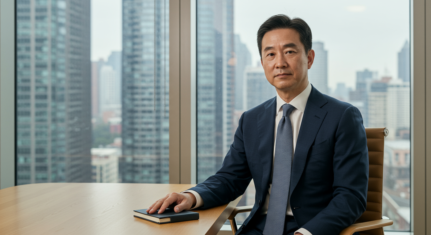 현대식 사무실에서 세계 전략을 구상하는 중년 대만계 미국인 사업가의 초상