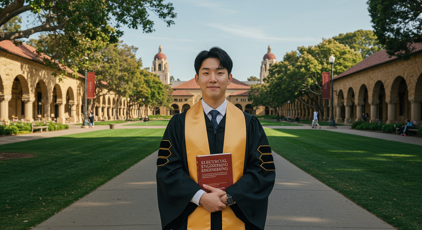 스탠퍼드 대학 캠퍼스에서 졸업 가운을 입고 전기공학 책을 든 젊은 남성