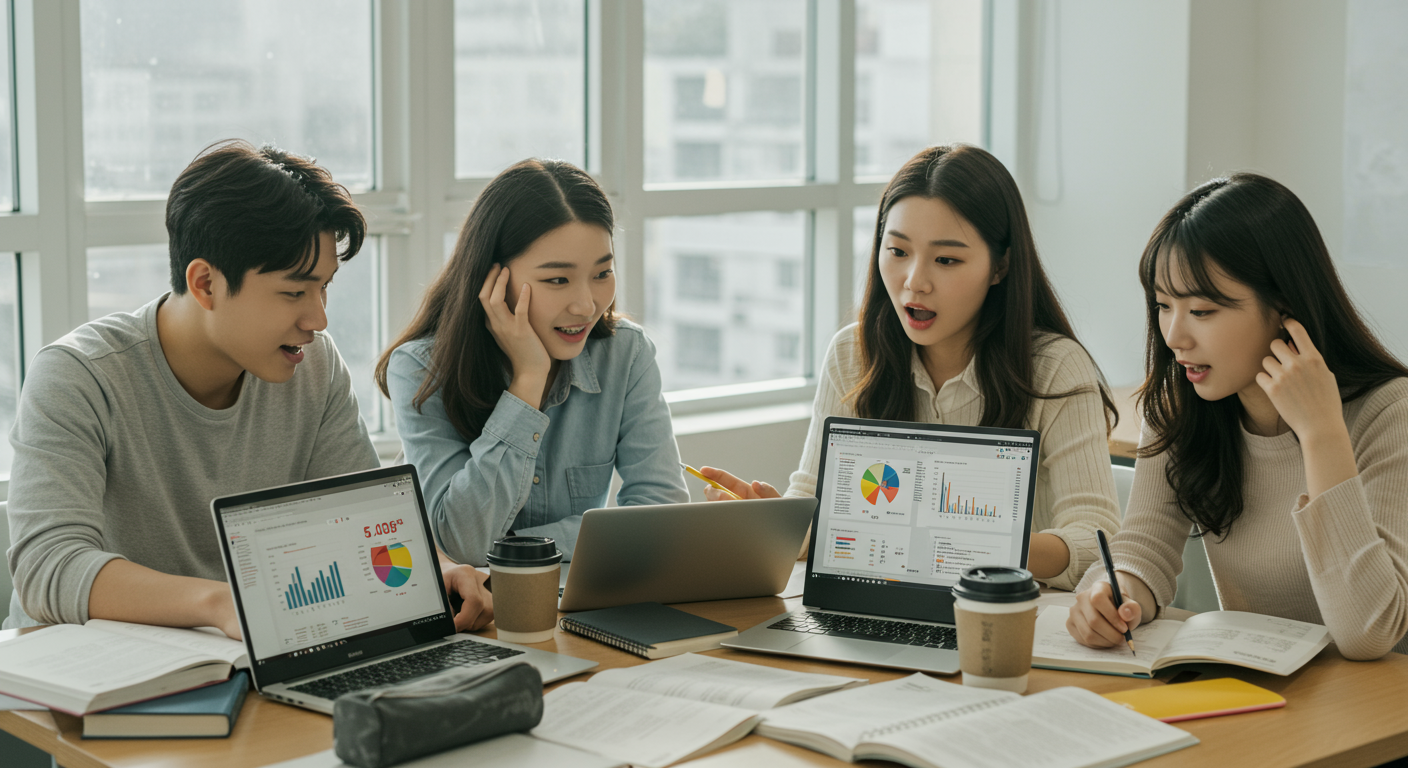 한국 학생들이 스터디 그룹에서 노트북으로 과학 시험 점수를 비교하며 등급컷을 논의하는 장면