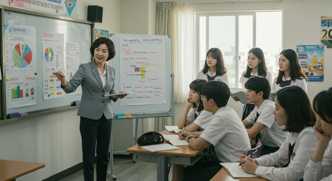 고등학교 상담사가 차트와 데이터를 사용하여 학생들에게 대학 선택 전략을 안내하는 모습