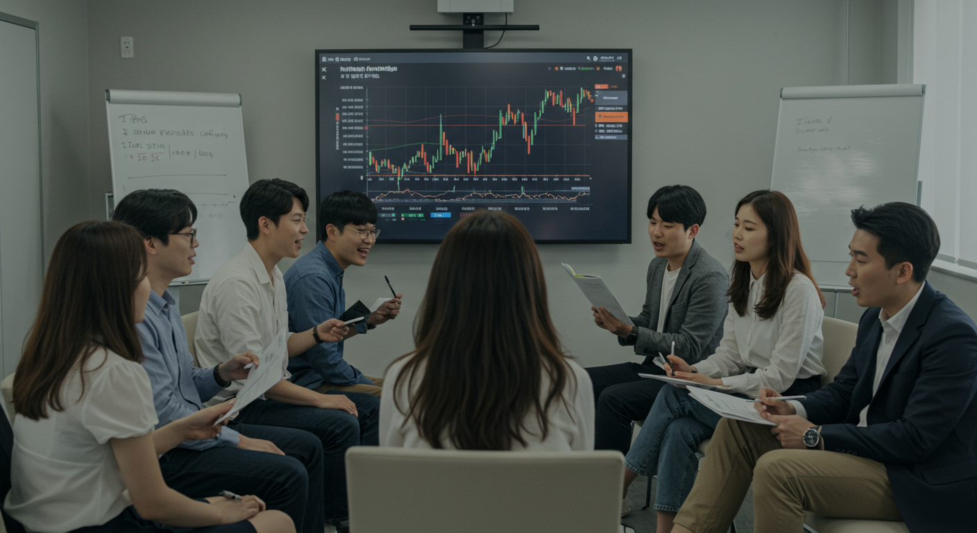 IPO 세미나에서 주식 시장 그래프를 보며 토론하는 한국 밀레니얼 세대