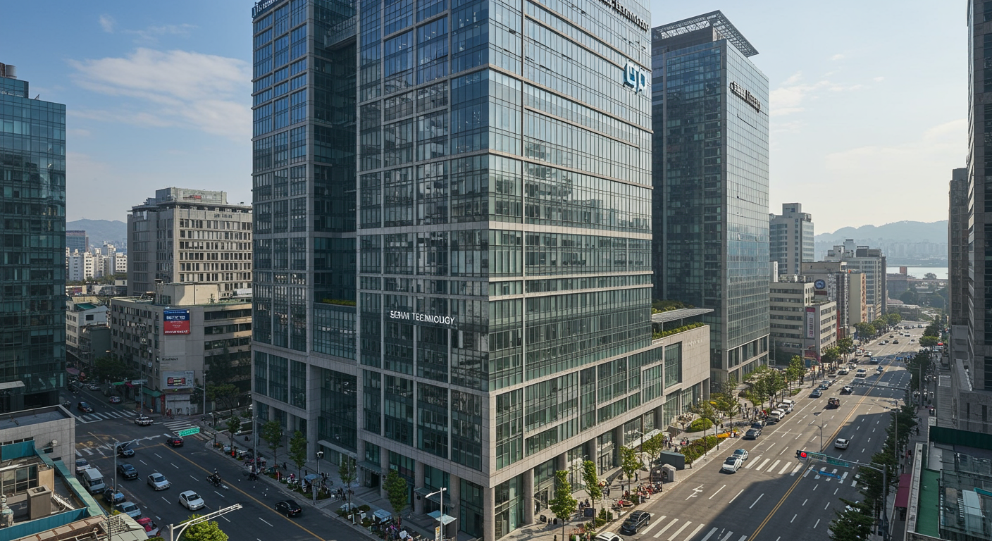 강남구에 위치한 현대적인 고층 빌딩과 주변의 활기찬 도시 풍경