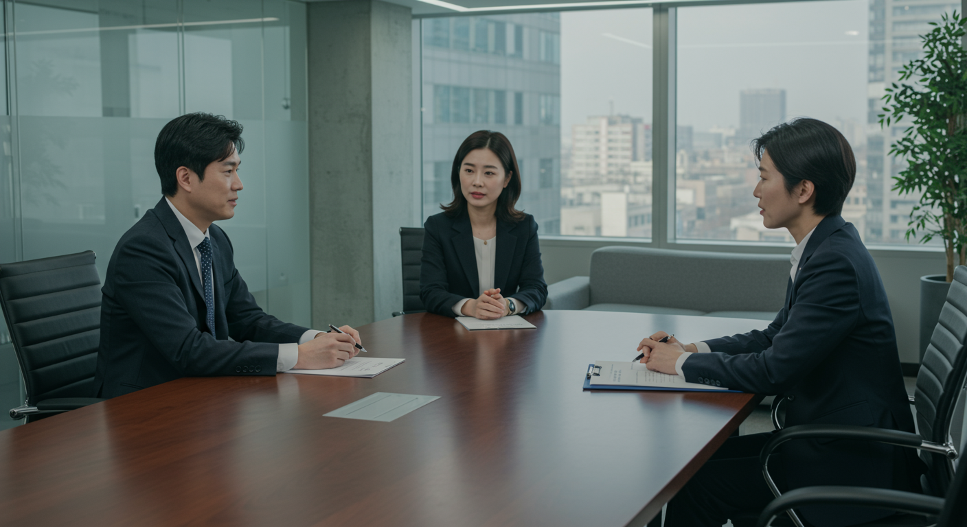 기업 회의실에서 면접을 보는 후보자와 인터뷰어들의 진지한 분위기