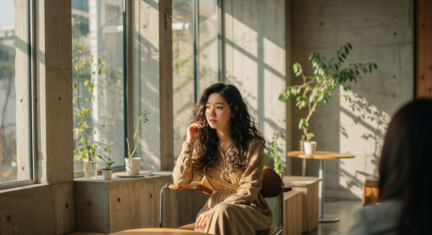 자연스럽게 웨이브진 머리를 한 여성이 도시의 세련된 공간에서 햇살을 받으며 앉아있는 모습