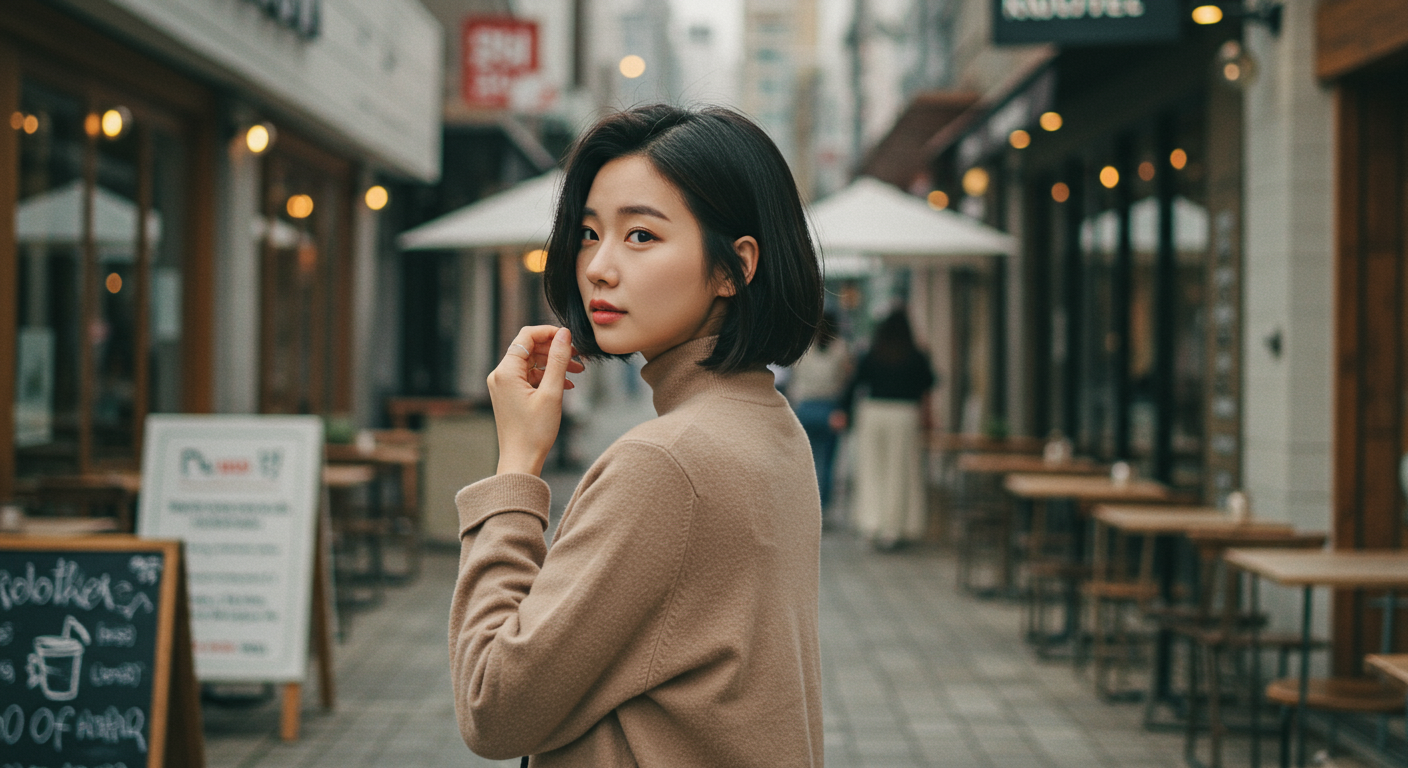 단발 기장에 정수리 볼륨을 더한 드라컷 스타일의 여성이 카페 거리에서 포즈를 취하는 모습