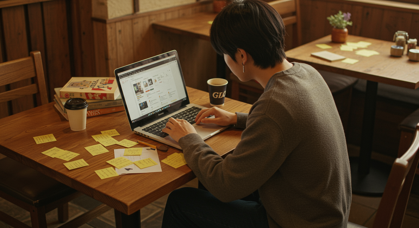 카페에서 퍼즐 콘텐츠에 대해 글을 쓰고 있는 블로거