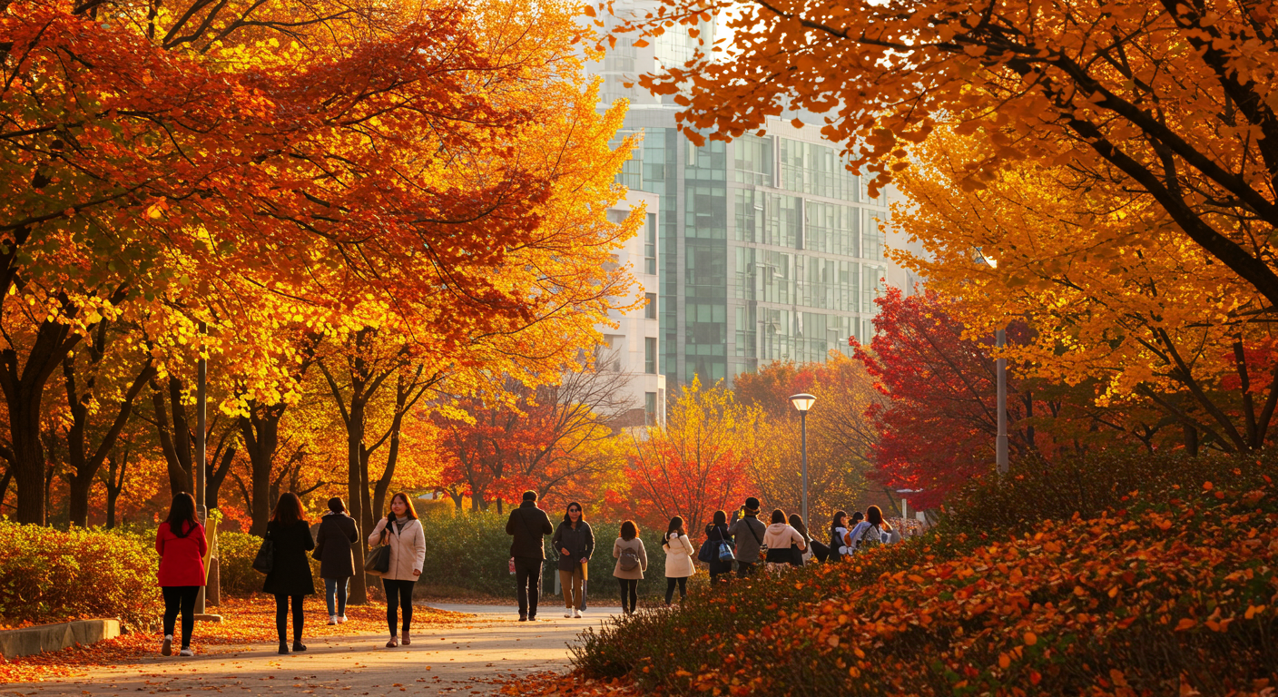도심 속 공원에서 산책하는 사람들과 현대적인 건물 배경의 화려한 가을 단풍