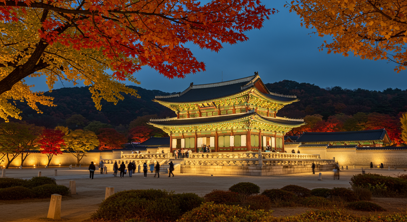 밤 조명 아래 화려한 단풍으로 둘러싸인 경복궁 모습과 사진 찍는 방문객들