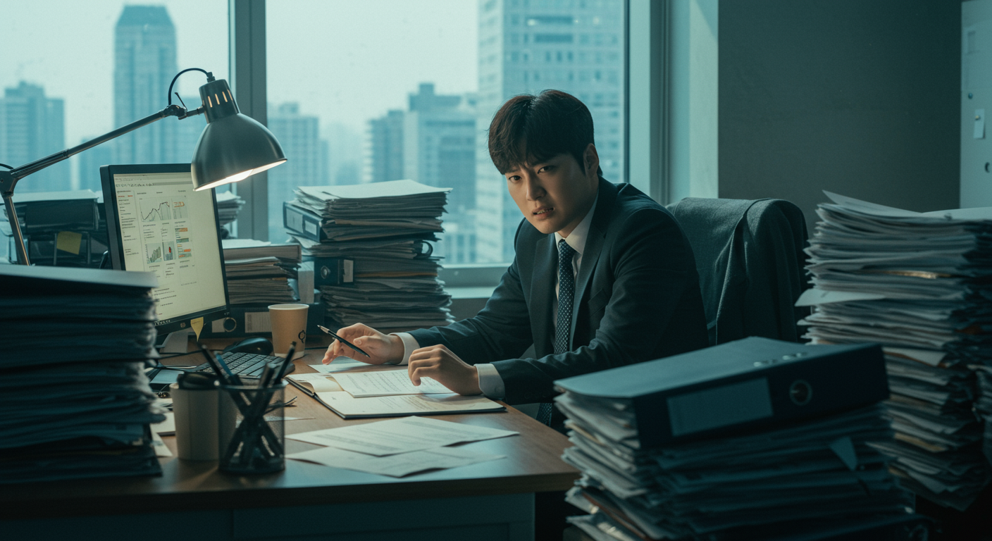 현대적인 사무실에서 서류와 컴퓨터에 둘러싸여 좌절한 표정을 짓고 있는 직장인