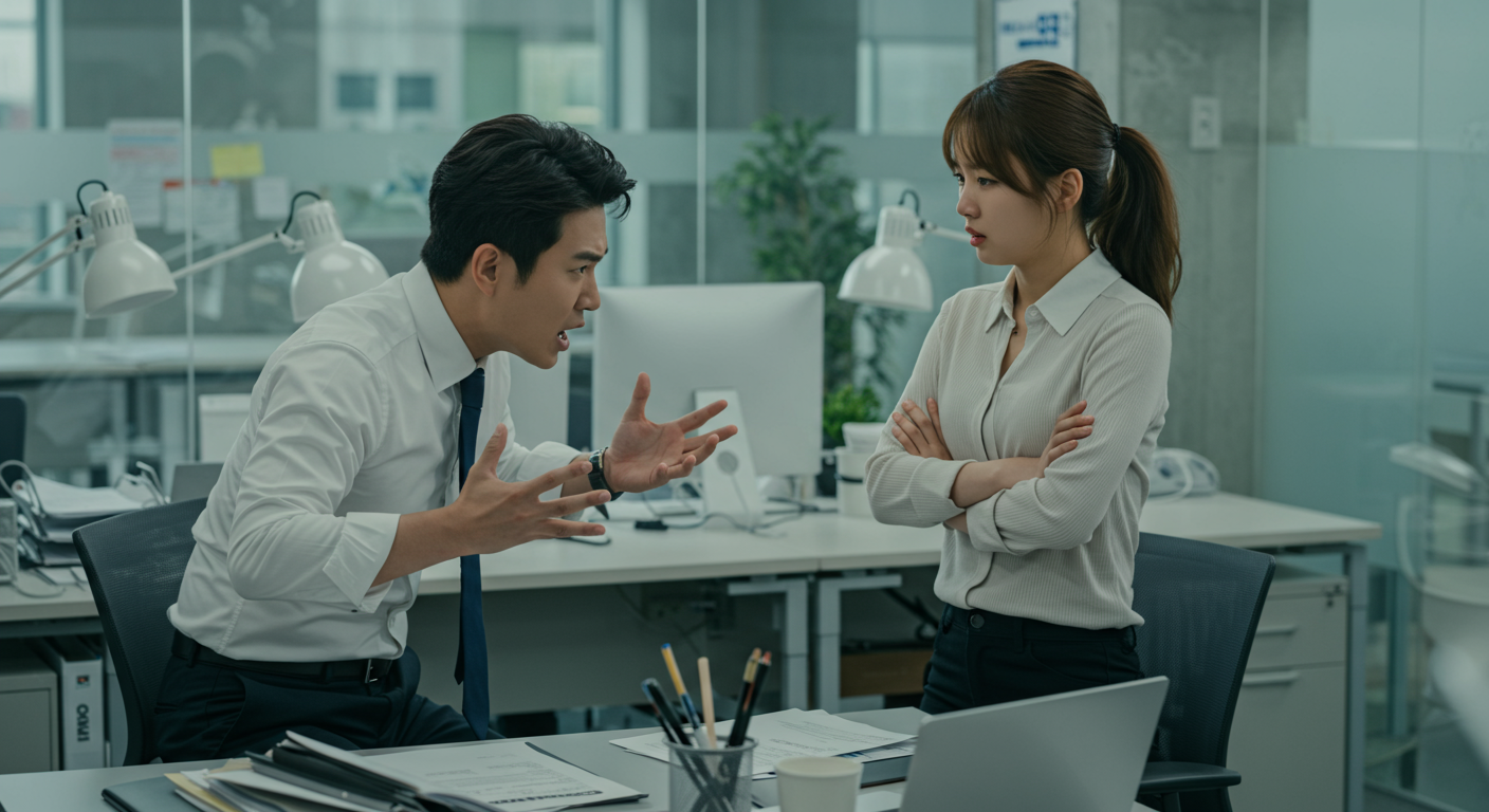 현대 사무실에서 긴장감이 흐르는 논쟁을 벌이고 있는 두 명의 동료