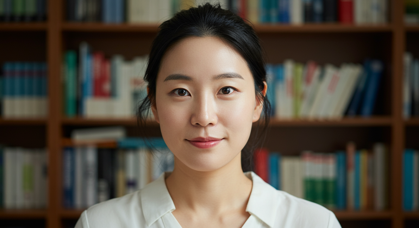 책장 앞에서 평온한 표정을 짓고 있는 한국 여성 작가의 초상화