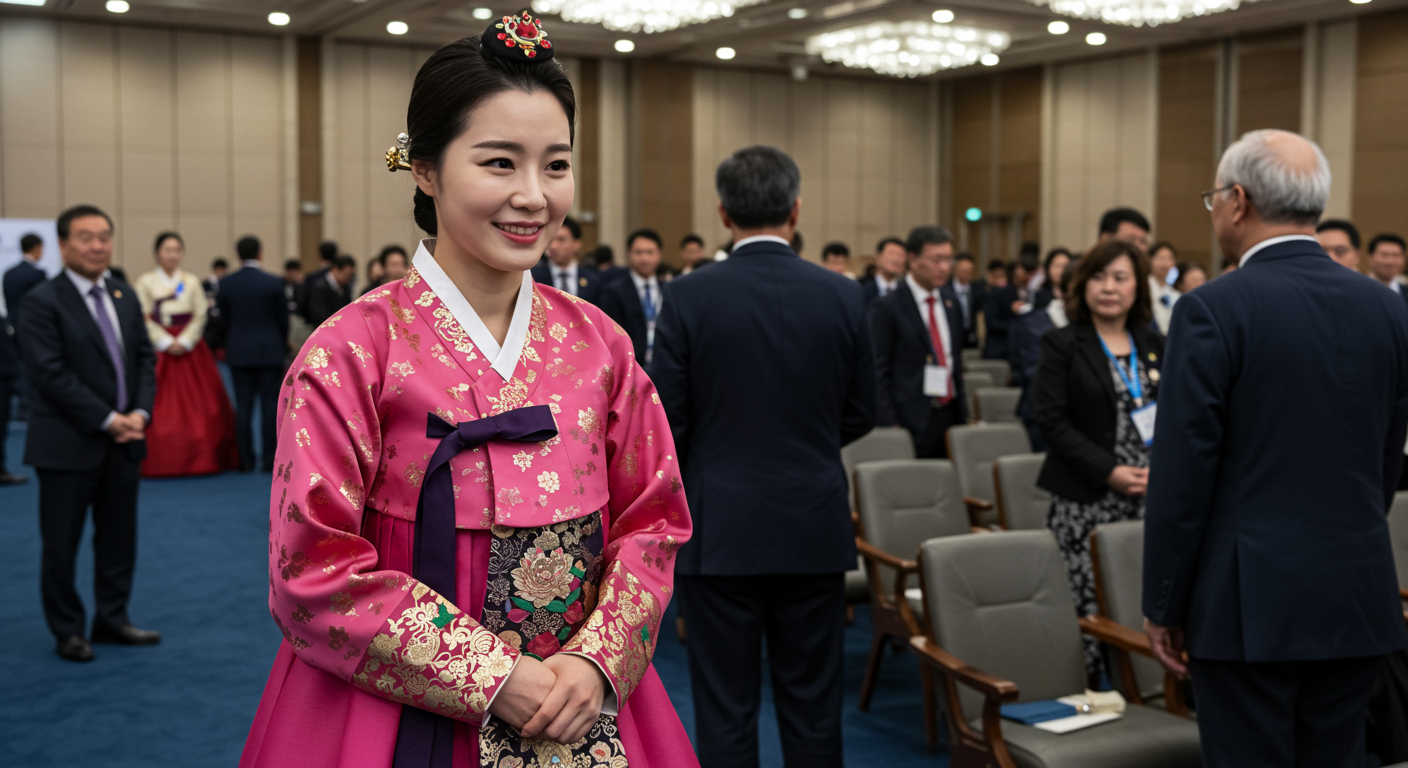우아한 전통 한복을 입고 국제무대에 선 여성의 모습