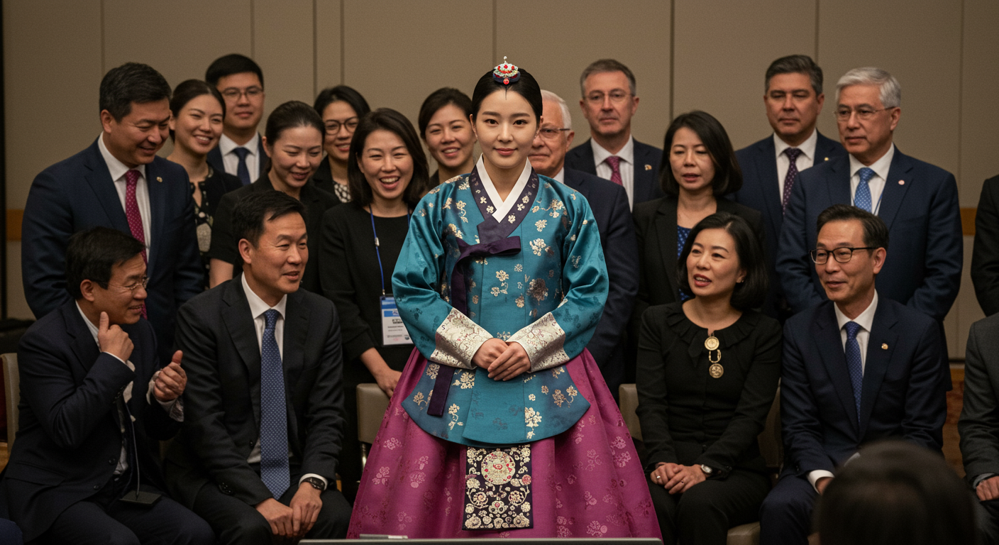현대적으로 재해석된 전통 한복을 입고 각국 대표와 함께 서 있는 여성