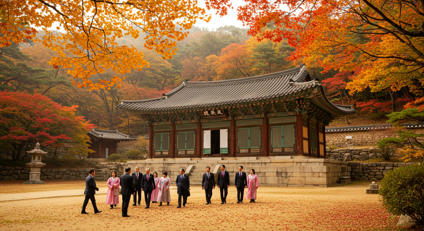 가을 풍경 속 경주 불국사를 방문 중인 국제 인사들