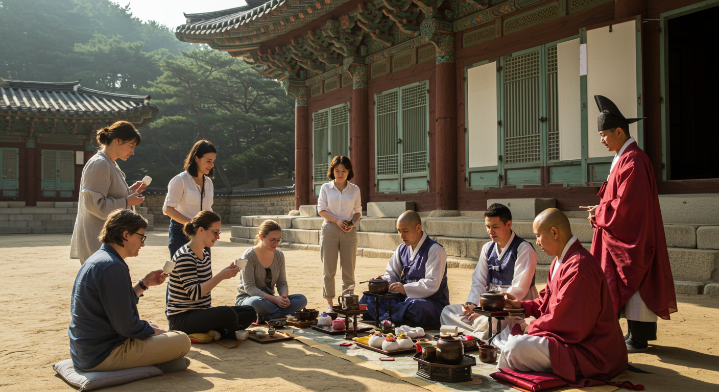 불국사에서 다식 만들기와 다도 체험을 하는 외국 방문객들
