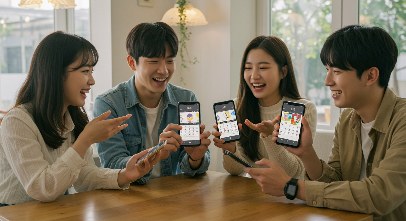 카페에서 스마트폰으로 좋아하는 달력 배경화면을 공유하며 대화를 나누는 젊은이들