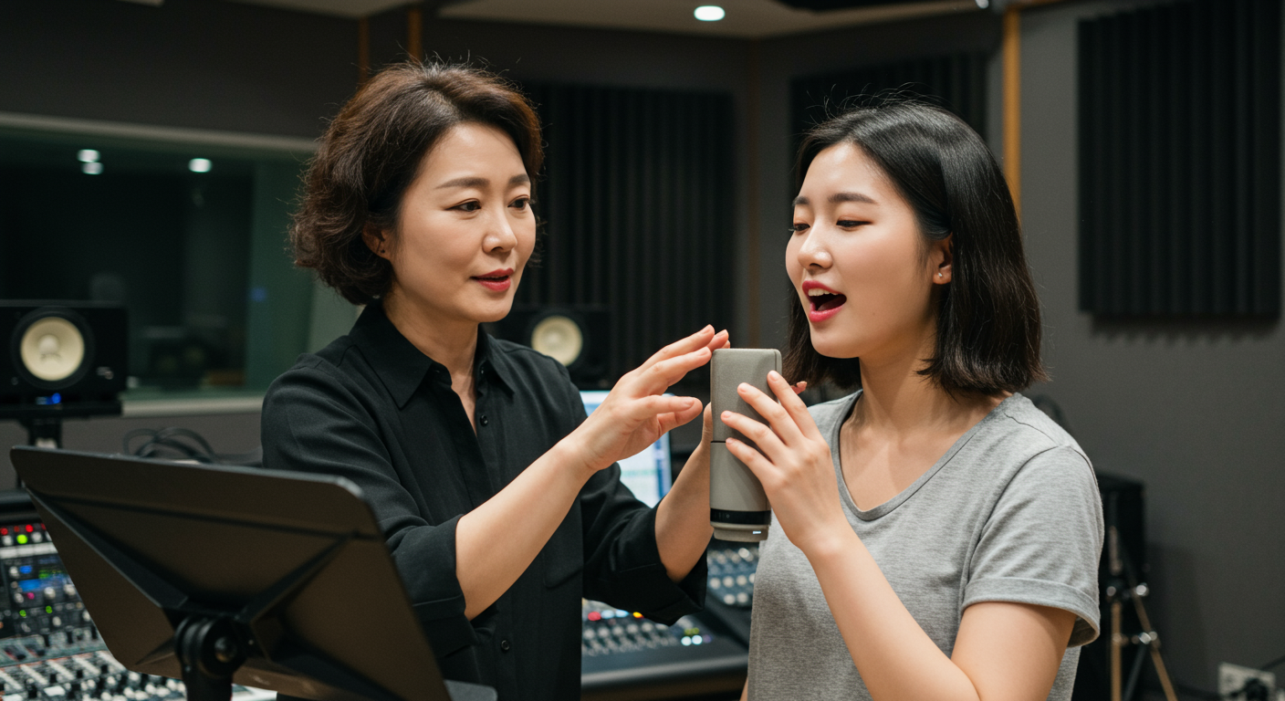 현대 음악 스튜디오에서 젊은 가수를 지도하며 호흡 기술과 발성 연습을 강조하는 보컬 코치