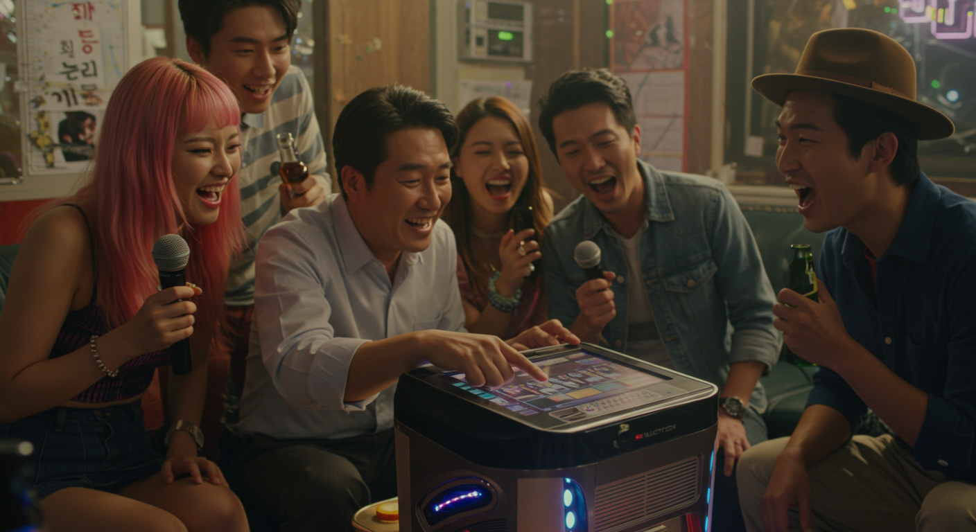 서울에서 친구들과 함께 노래방 기계를 조작하며 웃고 노래를 즐기는 모습