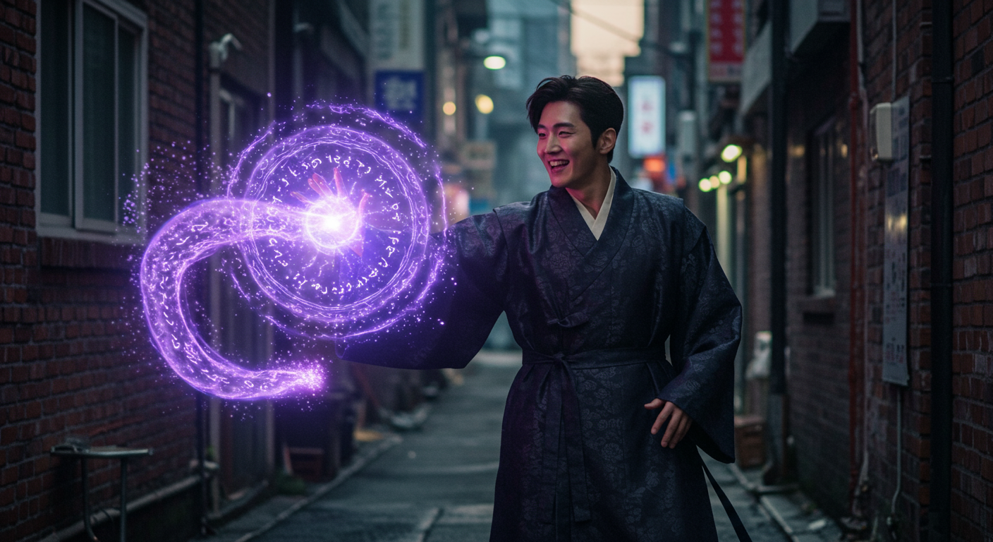 도시 골목길에서 주문을 외치는 마법사와 함께 증가하는 마법 에너지