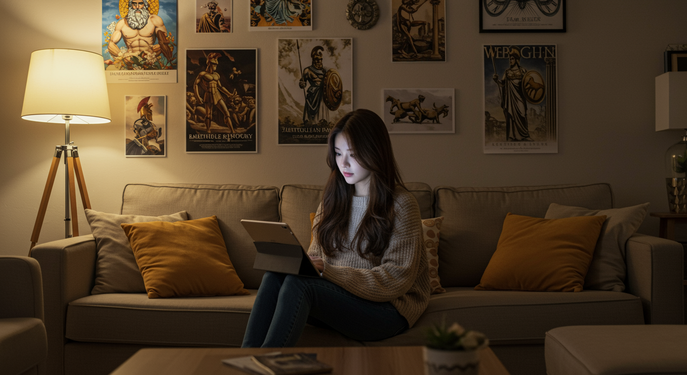 편안한 거실에서 태블릿으로 그리스 신화를 주제로 한 웹툰을 읽는 젊은 여성