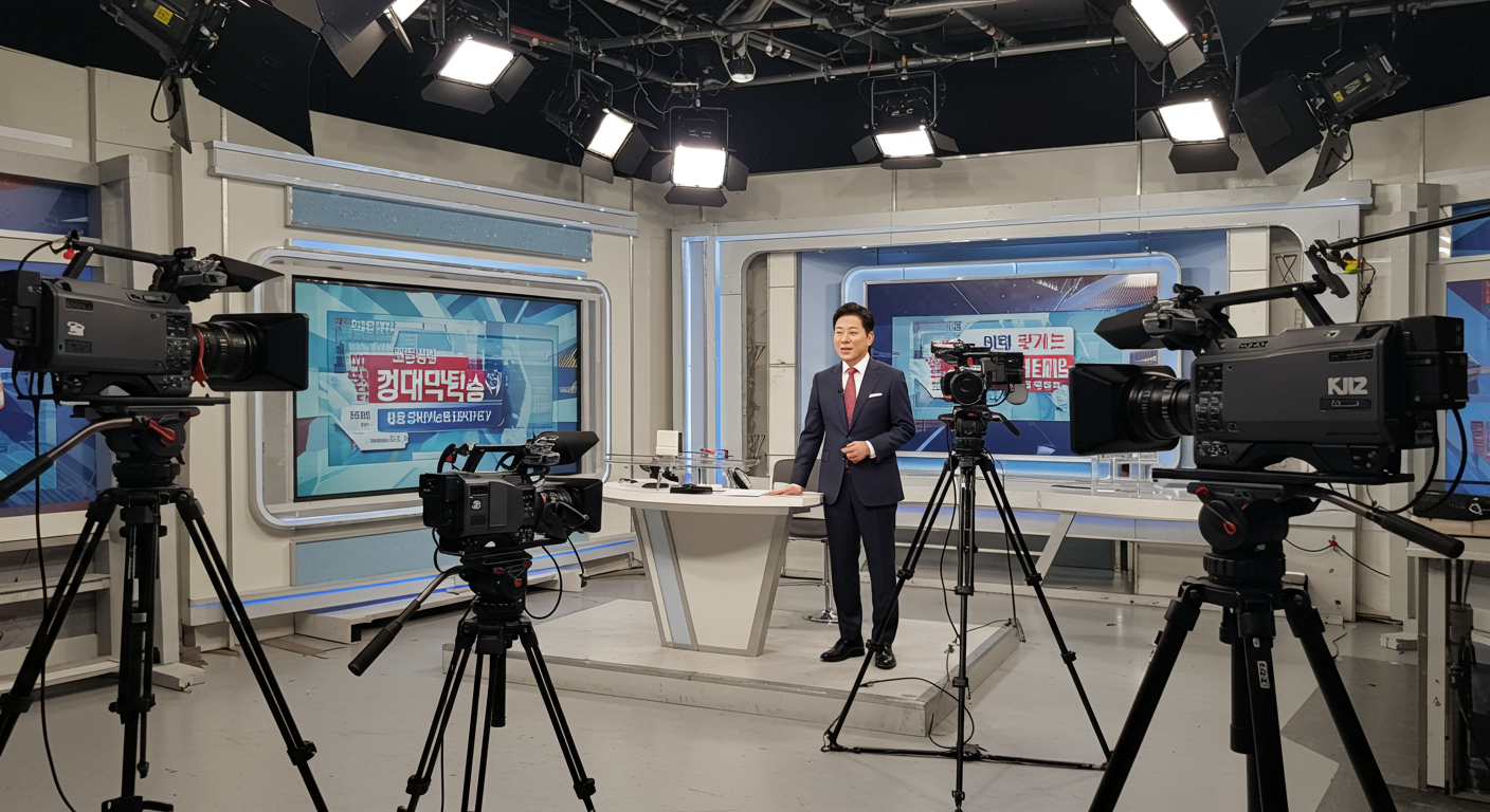 카메라와 조명이 비추는 스튜디오에서 뉴스를 설명하는 매력적인 남성 진행자