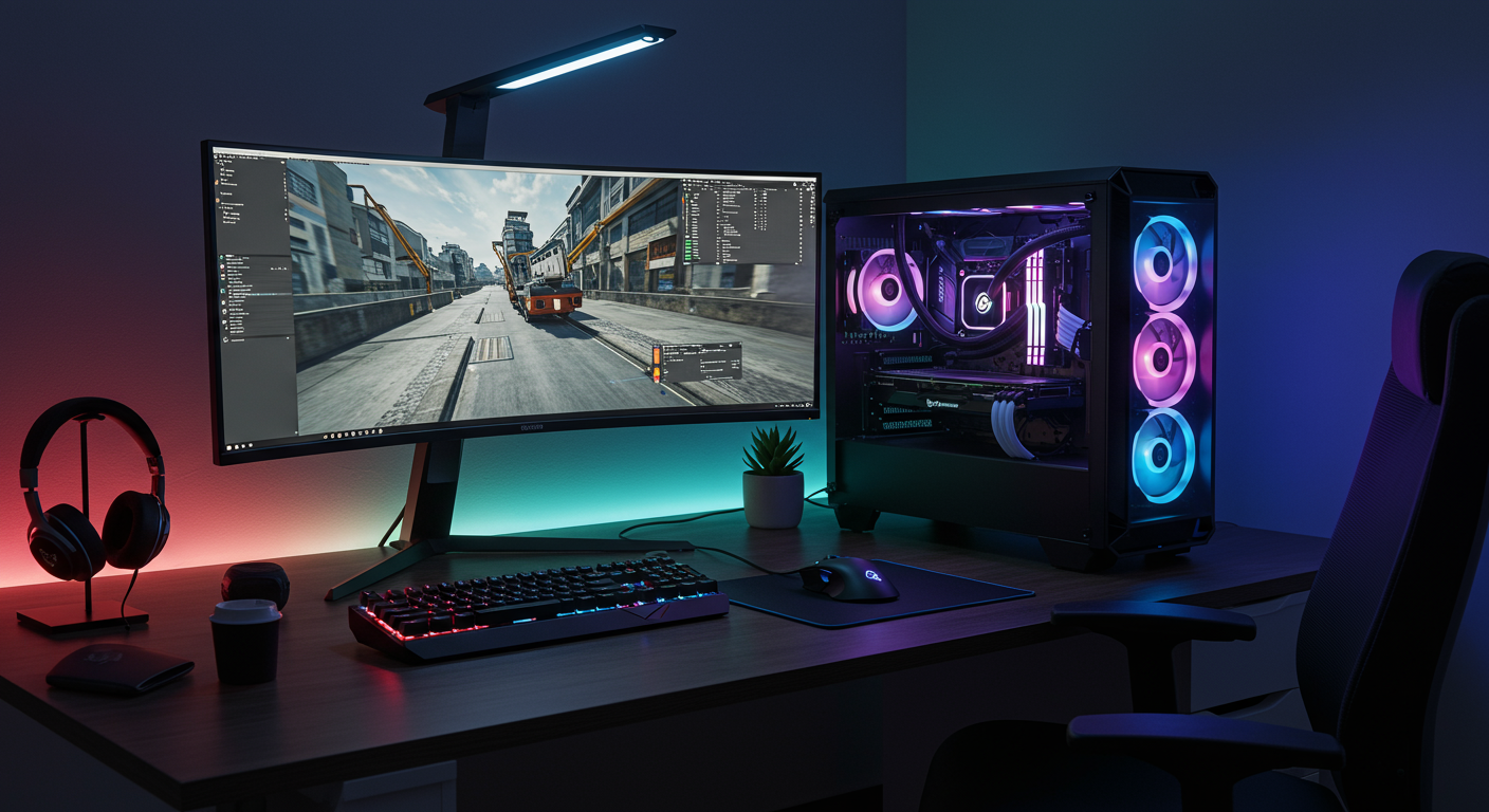듀얼 모니터와 RGB 조명이 장착된 고성능 데스크탑 컴퓨터 세팅