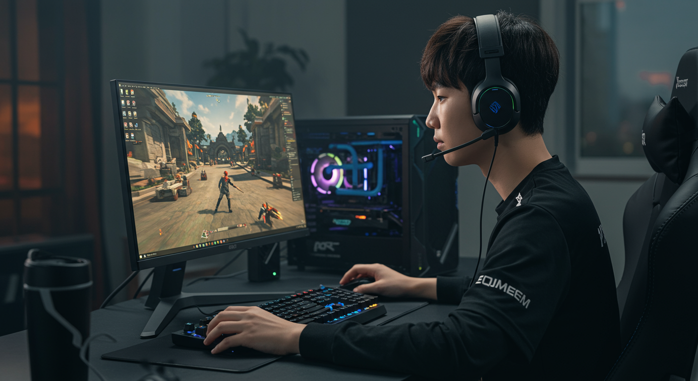 고급 PC 세팅으로 경쟁 온라인 게임에 집중하는 젊은 게이머