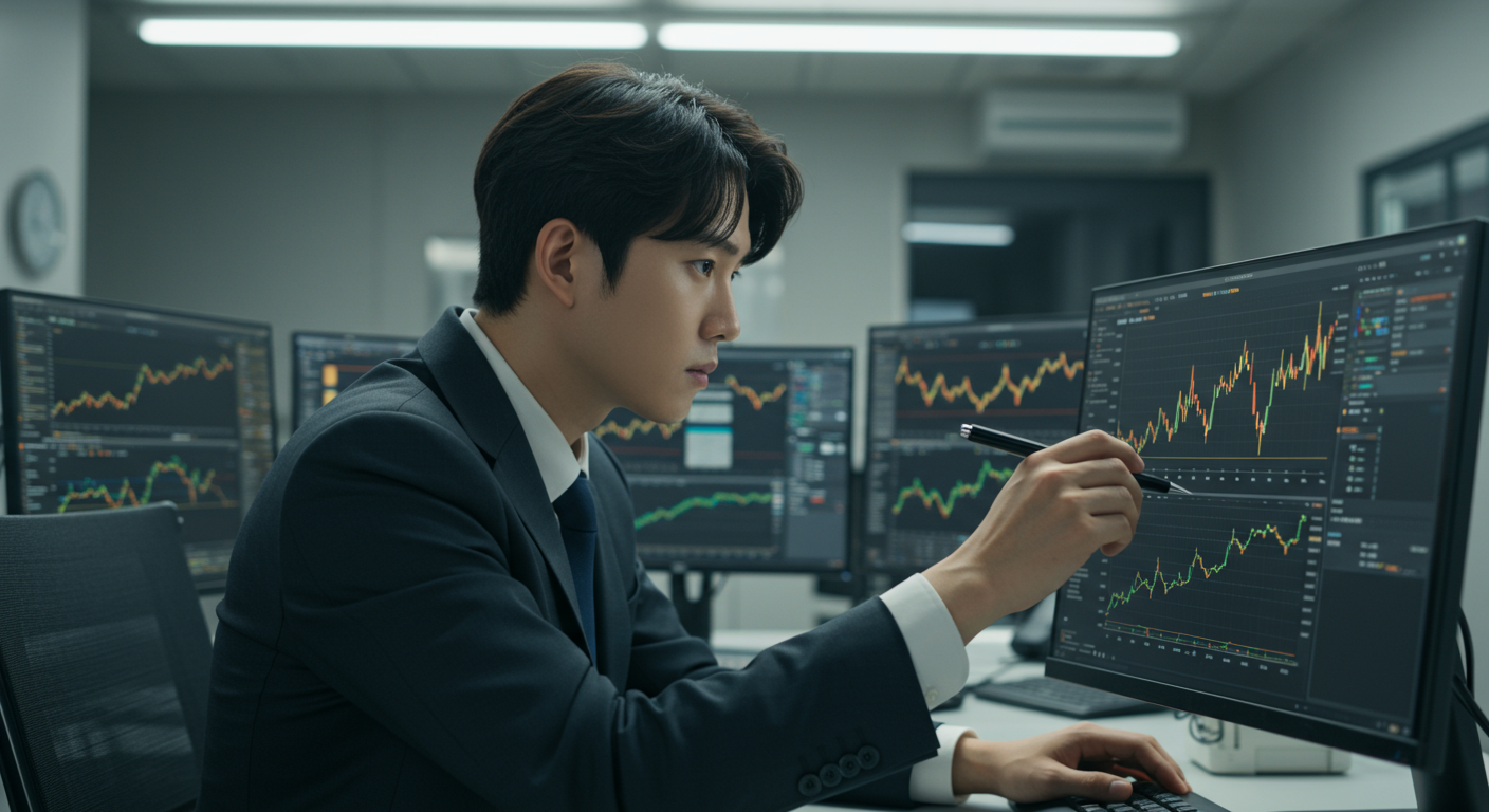 현대적인 사무실에서 컴퓨터 화면으로 금 시장 동향을 분석하는 금융 애널리스트