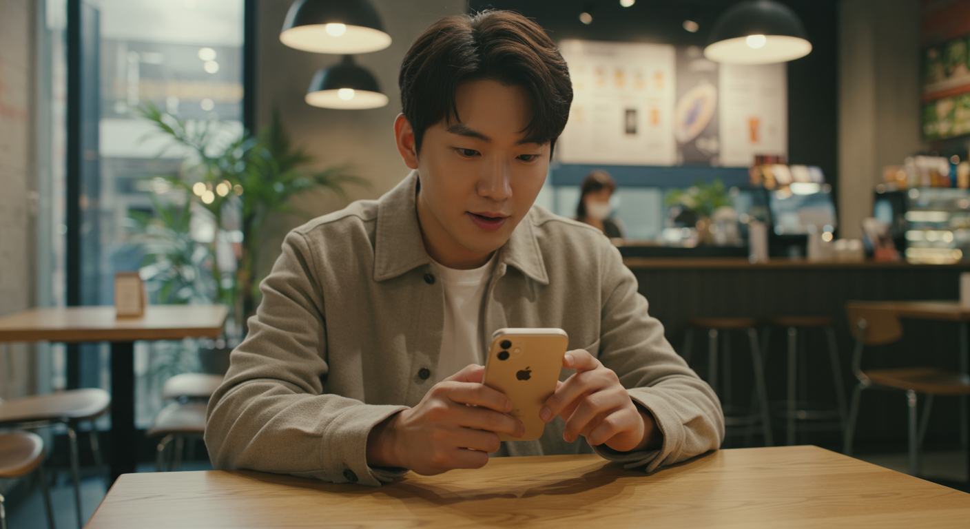 현대 카페에서 새로운 iOS 업데이트를 탐색하는 남성의 집중된 모습